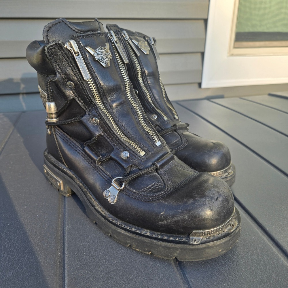 Harley Davidson Black Leather Double Zip Motorcycle Boots womens 8.5
